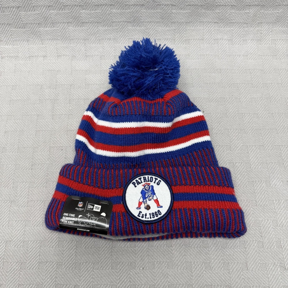 New England Patriots Hat Cap Pom Knit‎ Mens One Size Blue NFL Football New Era